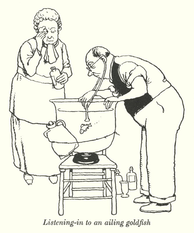Lytter ind til en syg guldfisk (litho) af William Heath Robinson
