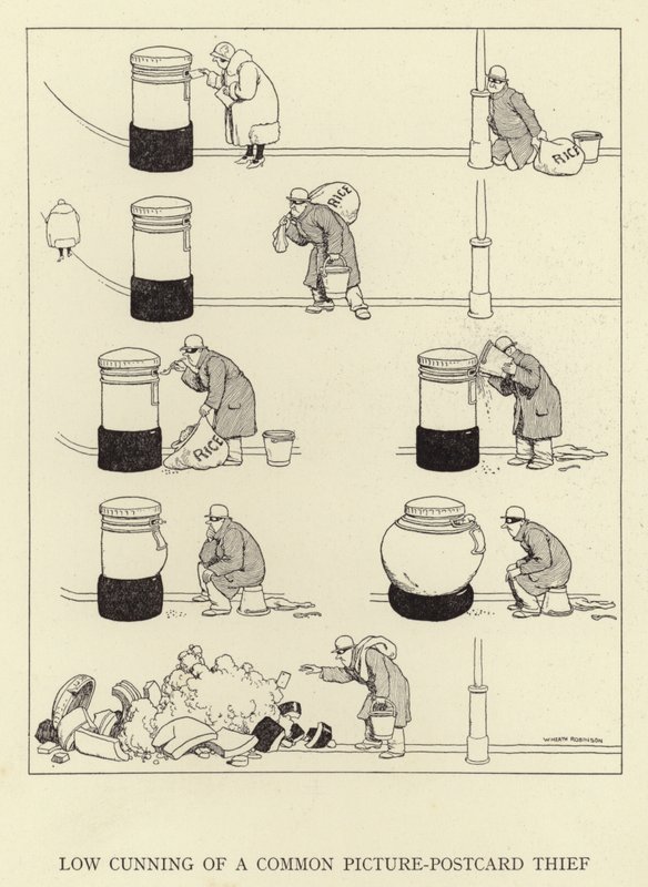 En almindelig postkorttyv er lavt snu af William Heath Robinson