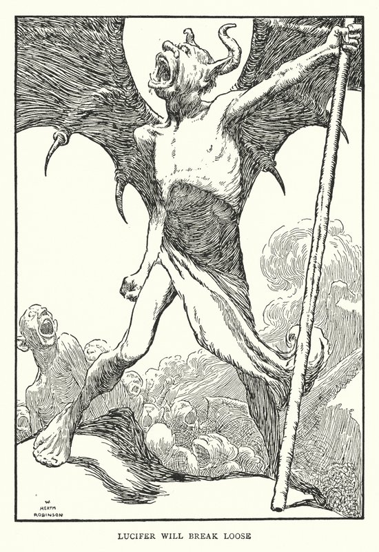 Lucifer vil bryde løs (litho) af William Heath Robinson