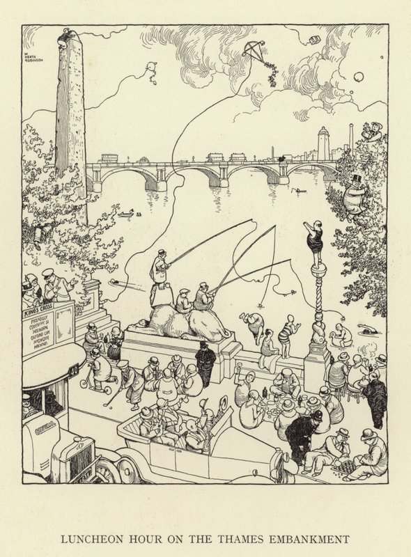 Frokosttime på Themsen Embankment af William Heath Robinson