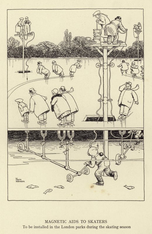 Magnetiske hjælpemidler til skøjteløbere, der skal installeres i Londons parker i løbet af skøjtesæsonen af William Heath Robinson