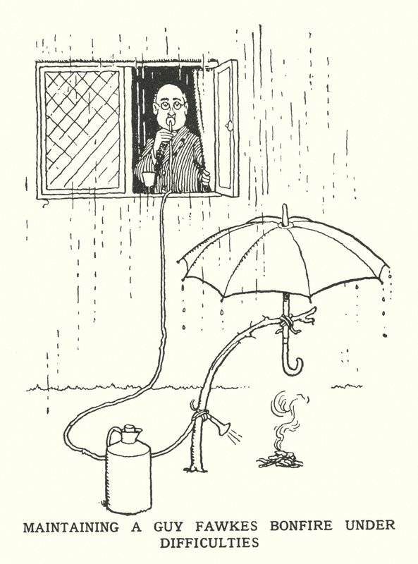 Vedligeholdelse af et Guy Fawkes-bål under vanskeligheder (litho) af William Heath Robinson