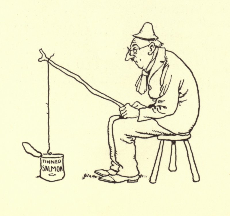 Mand, der fisker efter laks på dåse af William Heath Robinson