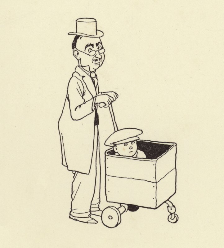 Mand skubber dreng i en kasse af William Heath Robinson