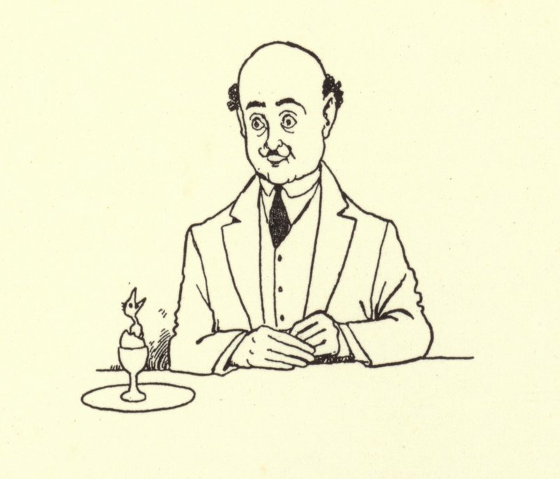 Mand overrasket af fugl i sit morgenæg af William Heath Robinson