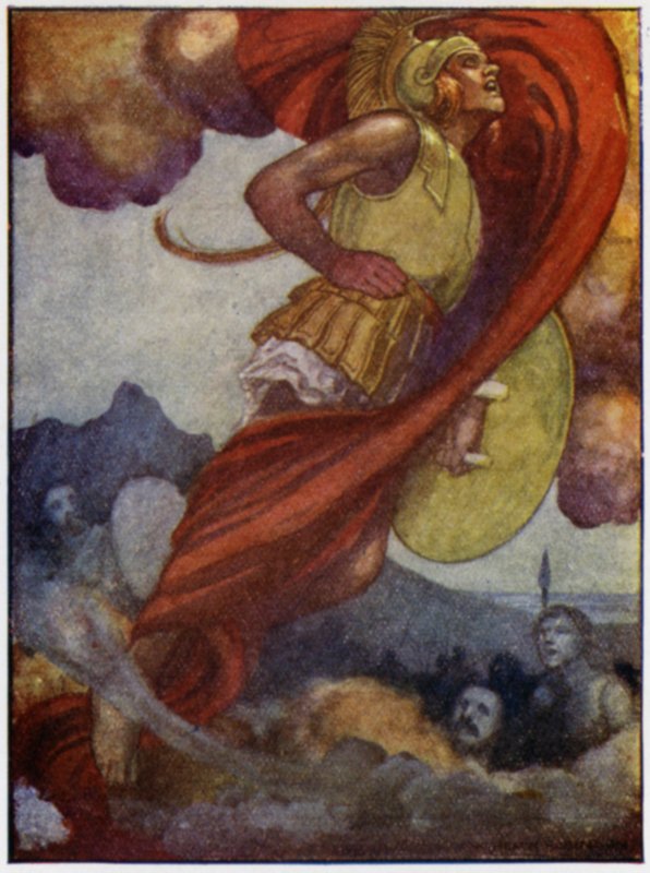 Mars, som en tordensky, fejede opad gennem himlen til Olympus (farve litho) af William Heath Robinson