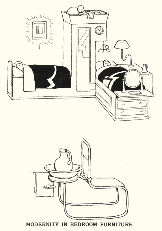 Modernitet i soveværelsesmøbler (litho) af William Heath Robinson