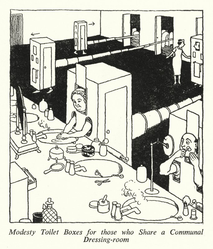 Modesty toiletbokse til dem, der deler et fælles omklædningsrum (litho) af William Heath Robinson