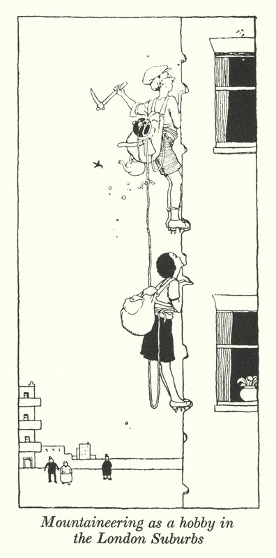 Bjergbestigning som hobby i Londons forstæder (litho) af William Heath Robinson