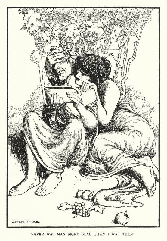 Aldrig var mennesket mere glad, end jeg var dengang (litho) af William Heath Robinson