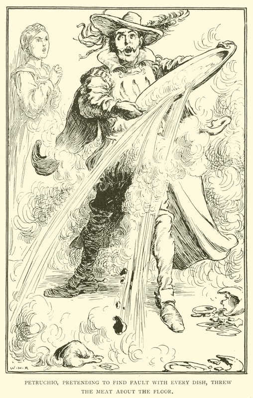 Petruchio, der foregav at finde fejl ved alle retter, kastede kødet rundt på gulvet. af William Heath Robinson
