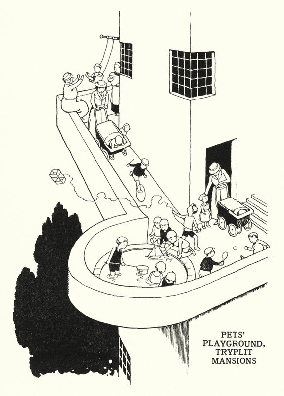 Kæledyrs legeplads, Tryplit Mansions (litho) af William Heath Robinson