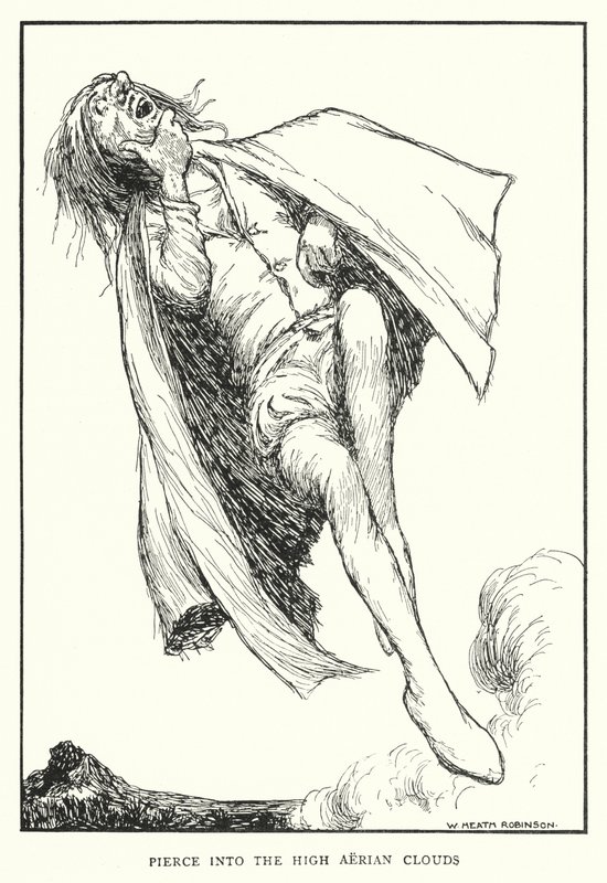 Gennembore ind i de høje luftskyer (litho) af William Heath Robinson