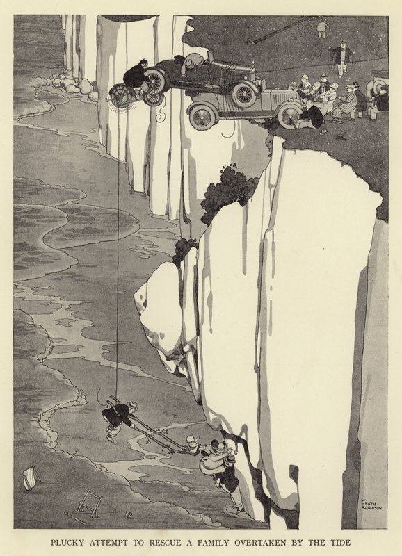 Flot forsøg på at redde en familie, der blev overhalet af tidevandet af William Heath Robinson