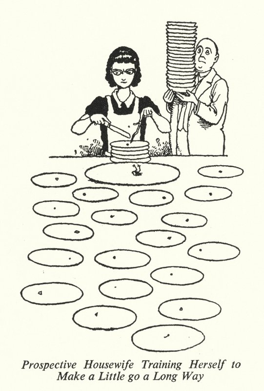 Kommende husmor træner sig selv til at få lidt til at gå langt (litho) af William Heath Robinson