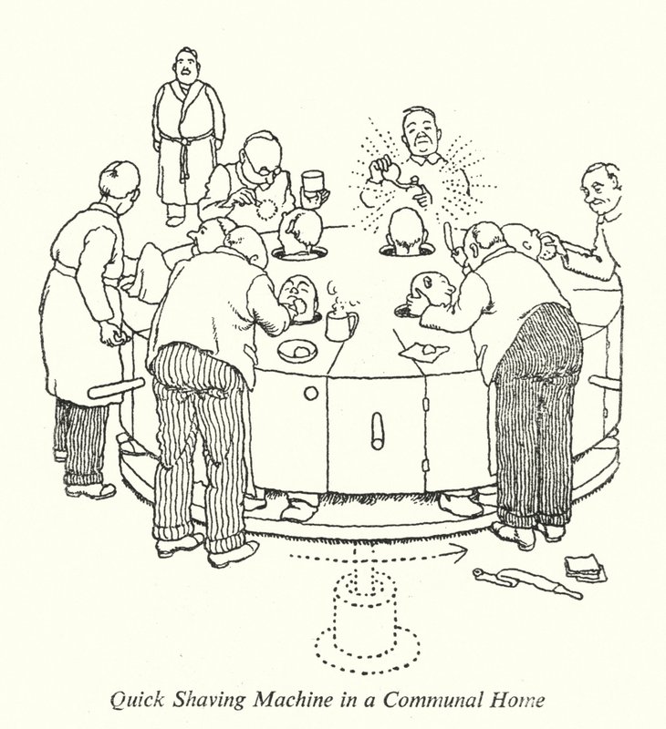 Hurtig barbermaskine i et fælles hjem (litho) af William Heath Robinson