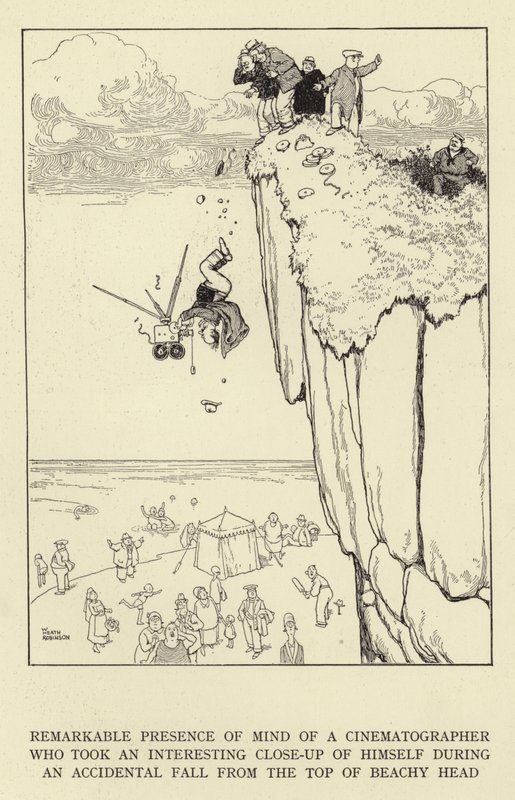 Bemærkelsesværdig tilstedeværelse af sind af en filmfotograf, der tog et interessant nærbillede af sig selv under et utilsigtet fald fra toppen af Beachy Head af William Heath Robinson