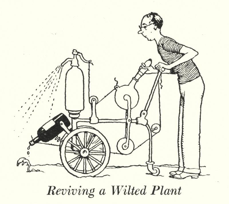 Genoplivning af en visnet plante (litho) af William Heath Robinson