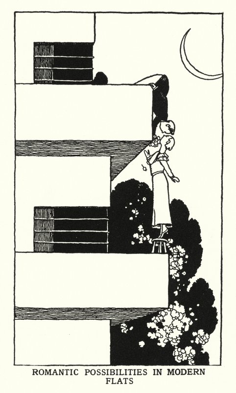 Romantiske muligheder i moderne lejligheder (litho) af William Heath Robinson