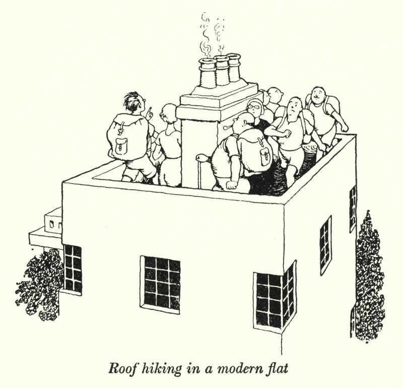 Tagvandring i en moderne lejlighed (litho) af William Heath Robinson