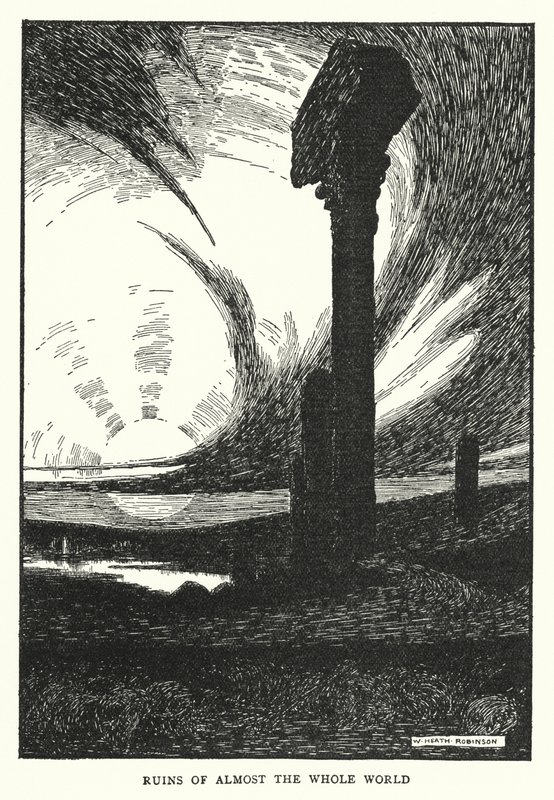 Ruiner af næsten hele verden (litho) af William Heath Robinson