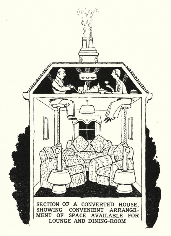Sektion af et ombygget hus, der viser praktisk indretning af ledig plads til stue og spisestue (litho) af William Heath Robinson