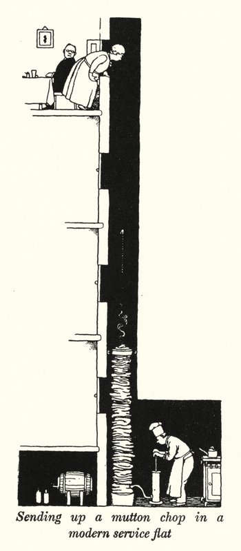 Sender en fårekotelet op i en moderne servicelejlighed (litho) af William Heath Robinson