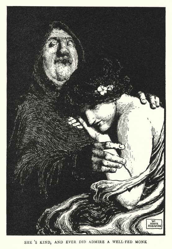 Hun er venlig og har nogensinde beundret en velnæret munk (litho) af William Heath Robinson