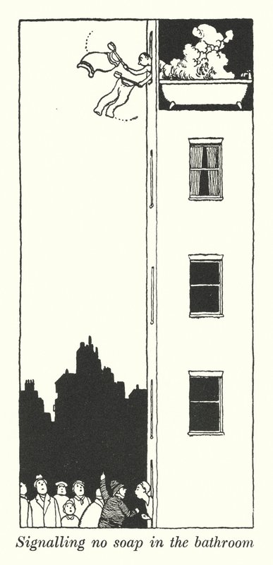 Signalerer ingen sæbe på badeværelset (litho) af William Heath Robinson