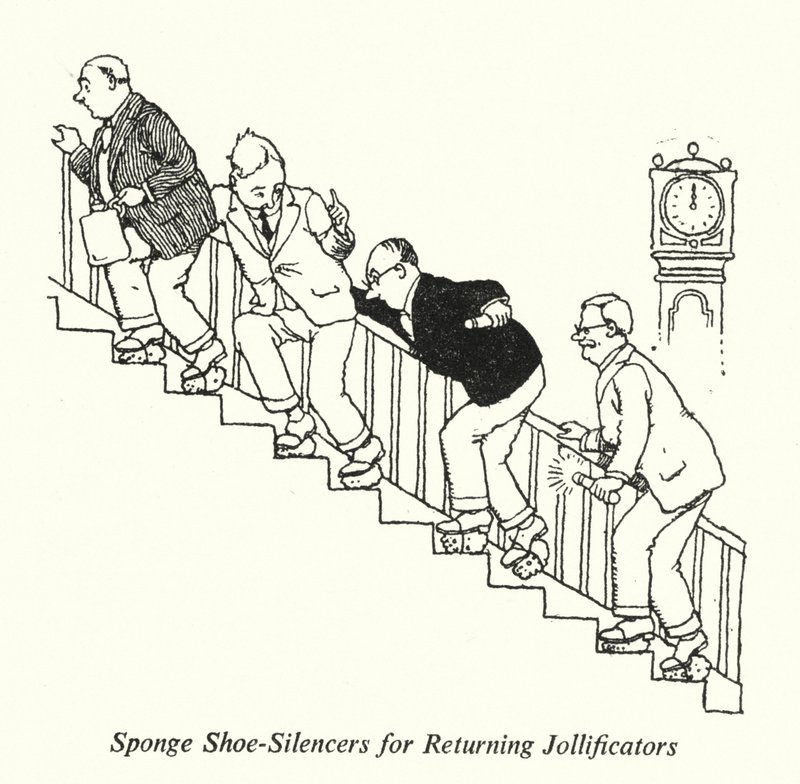 Svampesko-lyddæmpere til tilbagevendende jollificatorer (litho) af William Heath Robinson