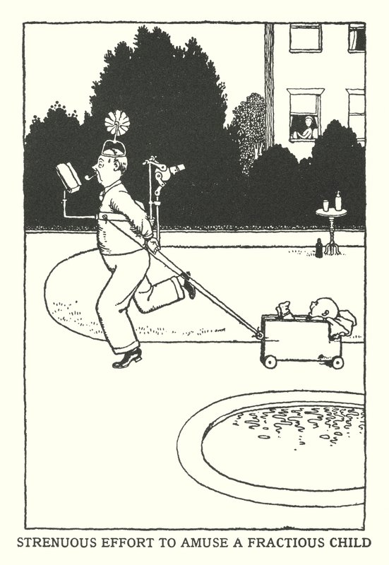 Anstrengende bestræbelser på at underholde et dårligt barn (litho) af William Heath Robinson