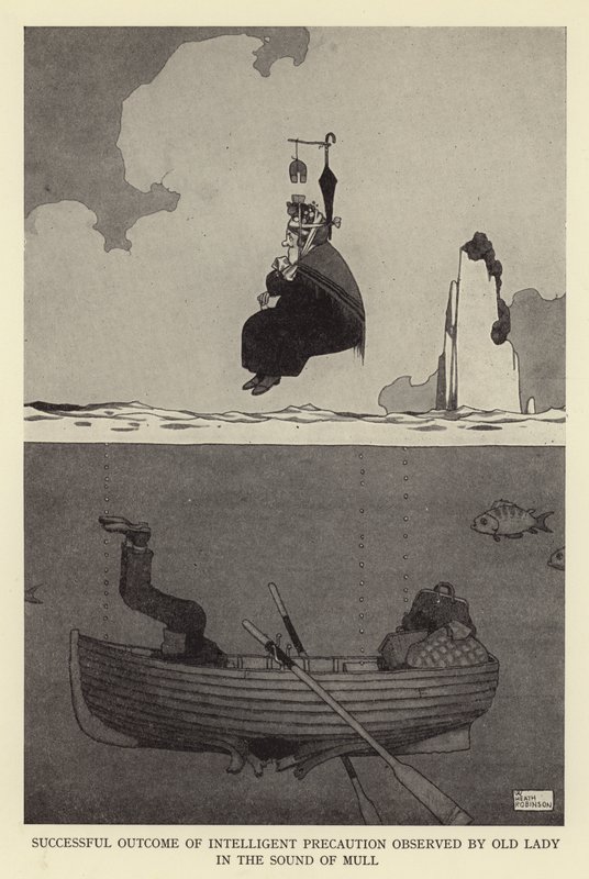 Succesfuldt resultat af intelligente forholdsregler observeret af gammel dame i lyden af mull af William Heath Robinson