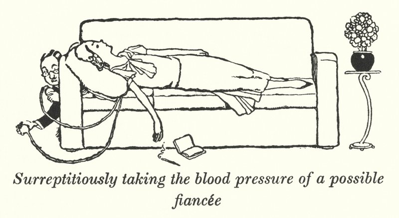 Tager i det skjulte blodtrykket fra en mulig forlovede (litho) af William Heath Robinson