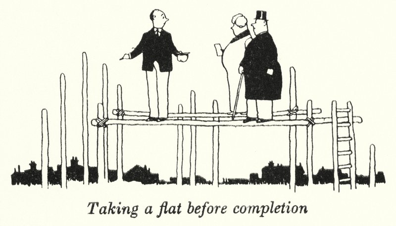 At tage en lejlighed før færdiggørelse (litho) af William Heath Robinson