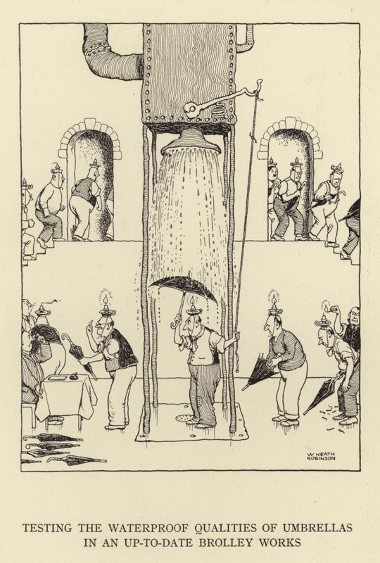 Test af paraplyers vandtætte egenskaber i et up-to-date Brolley Works af William Heath Robinson