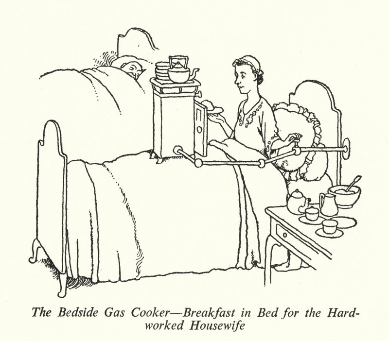 Gaskomfuret ved sengen, morgenmad på sengen til den hårdtarbejdende husmor (litho) af William Heath Robinson
