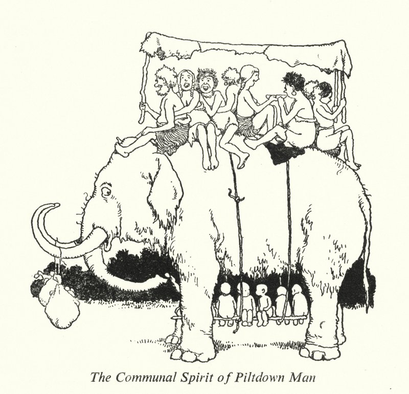 Piltdown Mans fællesånd (litho) af William Heath Robinson