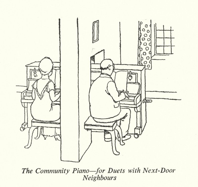 Community Piano, for duetter med naboer (litho) af William Heath Robinson