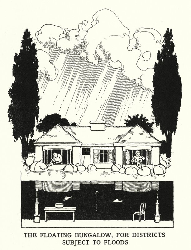 Den flydende bungalow, til distrikter, der er udsat for oversvømmelser (litho) af William Heath Robinson