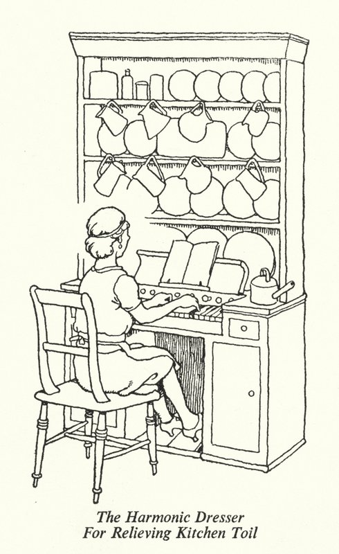 Den harmoniske kommode til aflastning af køkkenslid (litho) af William Heath Robinson
