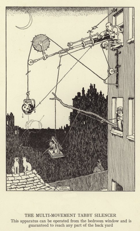Tabby lyddæmperen med flere bevægelser, dette apparat kan betjenes fra soveværelsesvinduet og kan med garanti nå alle dele af baghaven af William Heath Robinson