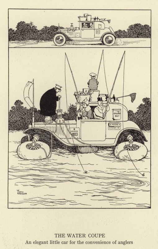Water Coupe, en elegant lille bil til bekvemmelighed for lystfiskere af William Heath Robinson