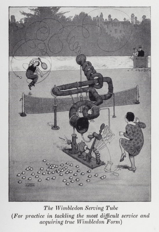 Wimbledon Serving Tube, til øvelse i at tackle den sværeste service og erhverve ægte Wimbledon Form (litho) af William Heath Robinson