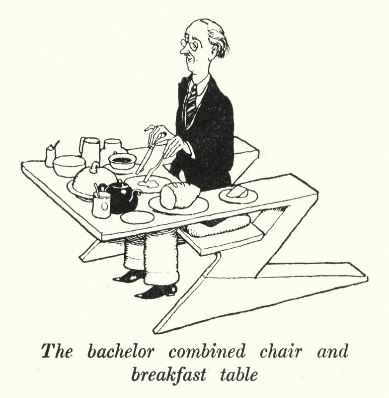 Ungkarlen kombineret stol og morgenbord (litho) af William Heath Robinson