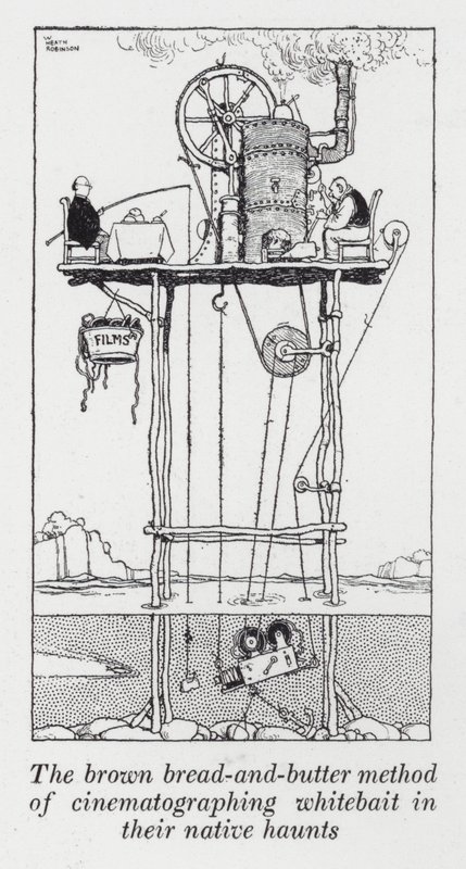 Den brune brød-og-smør-metode til at filme hvidbait i deres oprindelige tilholdssteder (litho) af William Heath Robinson