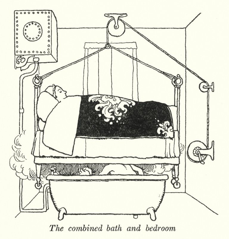 Det kombinerede bad og soveværelse (litho) af William Heath Robinson