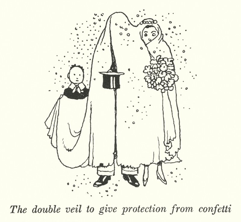 Det dobbelte slør giver beskyttelse mod konfetti (litho) af William Heath Robinson