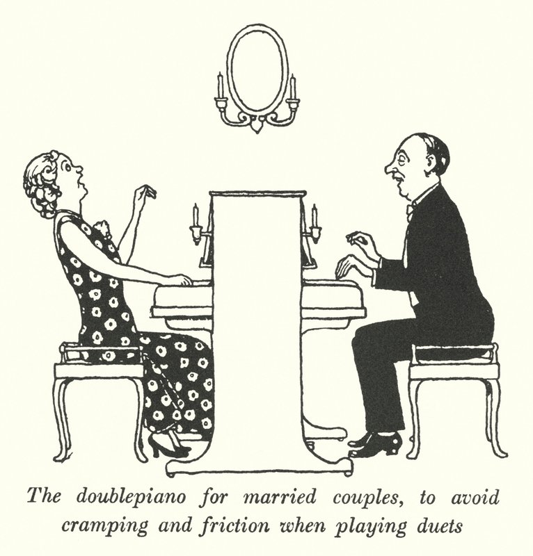 Dobbeltklaveret til ægtepar, for at undgå kramper og gnidninger, når de spiller duetter (litho) af William Heath Robinson