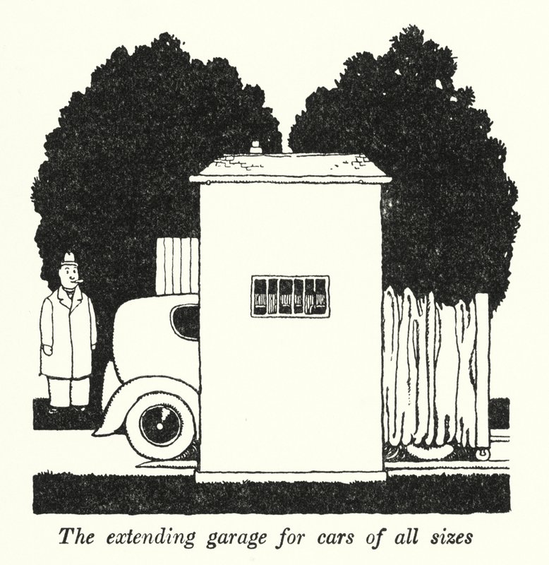 Den forlængende garage til biler i alle størrelser (litho) af William Heath Robinson
