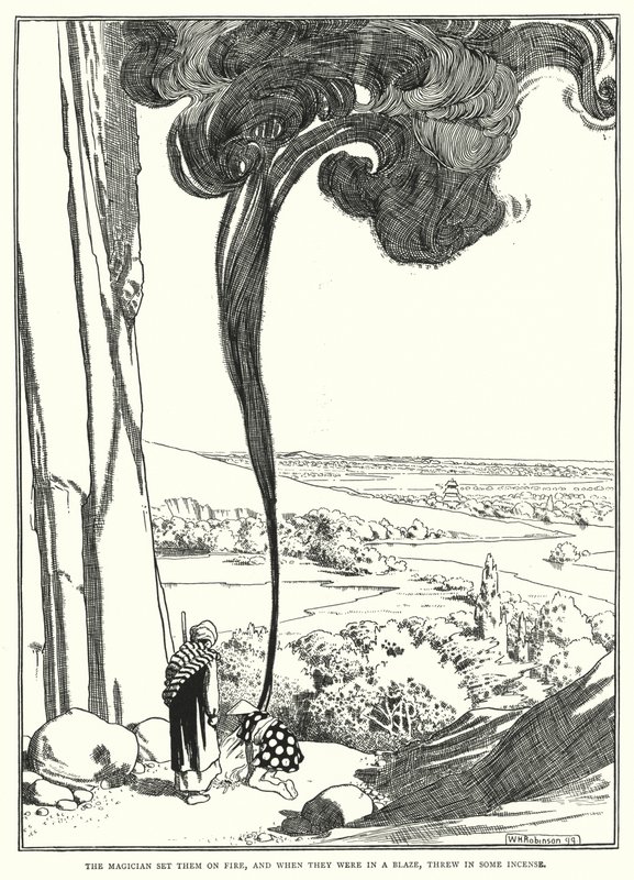Magikeren satte ild til dem, og da de stod i flammer, kastede han noget røgelse i (gravering) af William Heath Robinson